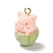 Flocky Opaque Resin Pendants, Cut Pet Charms with Golden Plated Metal Loops, Pig, 21x13x12.5mm, Hole: 2mm
