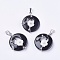Natural Dyed & Heated Black Agate Pendants, with Shell, Rhinestone and Platinum Tone Brass Findings, Flat Round with Flower, 35.5~36x28x8mm, Hole: 5x8mm