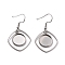 Tarnish Resistant 201 Stainless Steel Earring Hooks, with Quadrangle Blank Pendant Trays, Flat Round Setting for Cabochon, Stainless Steel Color, 38mm, 22 Gauge, Pin: 0.6mm