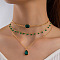 Alloy Emerald Rhinestone Pendant 3 Layer Necklaces for Women, Golden, Teardrop, 13.39 inch(34cm)