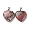 Natural Rhodonite Pendants, Heart, with Brass Findings, Platinum, 22~23x20~20.5x6~7.5mm, Hole: 5x8mm