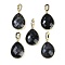 Natural Tourmalinated Quartz Faceted Teardrop Pendants, Rack Plating Brass Micro Pave Clear Cubic Zirconia Charms, Golden, 27x20x6.5mm, Hole: 6.5x4.5mm