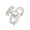 Brass Letter Open Cuff Rings for Women, Cadmium Free & Lead Free, Adjustable, Platinum, Letter T, 15~16.5x7~16.5mm