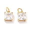 Brass Glass Pendants, with Jump Ring, Square, Real 18K Gold Plated, 9x7x5mm, Hole: 5mm