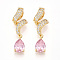 Brass Micro Pave Cubic Zirconia Pendants, Teardrop, Cadmium Free & Lead Free, Pearl Pink, 32~33x9~10.5x6~6.5mm, Hole: 3x5.5mm