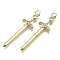 Brass Micro Pave Clear Cubic Zirconia Pendants, with Jump Rings, Nickel Free, Sword Shape, Real 16K Gold Plated, 43x12x2.5mm, Jump Ring: 5x0.7mm, Inner Diameter: 3mm