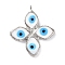 Handmade Lampwork Big Pendants, with Eco-friendly Platinum Tone Tin Findings, Cadmium Free & Lead Free, 4-Petal Flower with Evil Eye Charm, White, 52x45x5mm, Hole: 4.5mm