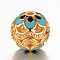 Brass Micro Pave Cubic Zirconia Beads, with Enamel, Round, Hollow, Golden, 10mm, Hole: 1.5mm
