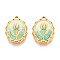 304 Stainless Steel Enamel Pendants, Real 18K Gold Plated, Oval with Flower Charm, Ion Plating(IP), Dark Sea Green, 21.5x15.5x3mm, Hole: 1.5mm