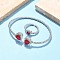 Heart Brass Micro Pave Cubic Zirconia Cuff Bangles & Rings Sets for Women, Rack Plating, Platinum, FireBrick, Bangle: 3~12mm wide, Inner Diameter: 61x50mm