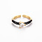 Brass Enamel Cuff Rings, Open Rings, Solitaire Rings, with Clear Cubic Zirconia, Nickel Free, Heart, Golden, Black, US Size 7(17.3mm)