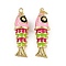 Brass Enamel Pendants, with Jump Ring, Fish Charm, Real 18K Gold Plated, Rack Plating, Lead Free & Cadmium Free, Long-Lasting Plated, Pink, 29x9.5x7mm, Hole: 3mm