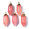Natural White Jade Pointed Pendants, with Light Gold Brass Loop, Dyed, Bullet, Indian Red, 35x12x12mm, Hole: 2mm