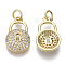 Brass Micro Pave Cubic Zirconia Pendants, with Jump Rings, Nickel Free, Lock, Clear, Real 16K Gold Plated, 16x10x3mm, Hole: 3mm