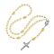 Glass Pearl Rosary Bead Necklace, Alloy Cross & Virgin Mary Pendant Necklace, Yellow, 24.41 inch(62cm)