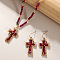 Cross Zinc Alloy Glass Pendant Necklaces & Dangle Earrings, Golden, Dark Red,  540~610mm