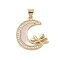 Brass Micro Pave Clear Cubic Zirconia Pendants, with Shell, Cadmium Free & Lead Free, Moon, Real 18K Gold Plated, Leaf, 22.5x20.5x2.5mm, Hole: 4x3mm