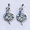 Abalone Shell/Paua Shell Pendants, with Rhinestone and Platinum Tone Brass Bail, Snake, 45x23x6.5mm, Hole: 5x7mm