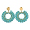 Woven Glass & Brass Beaded Donut Dangle Stud Earrings, with PVD Vacuum Plating 304 Stainless Steel Pins, Dark Turquoise, 60x49mm