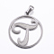 Non-Tarnish 304 Stainless Steel Pendants, Flat Round with Letter, Stainless Steel Color, Letter.T, 28x25x1.2mm, Hole: 6x3.5mm