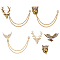6Pcs 6 Style Lion & Eagle & Deer Rhinestone Safety Pin Brooches, Alloy Hanging Chain Badges for Suit Shirt Collar, Mixed Color, 38~175mm, 1Pc/style