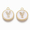 Brass Micro Pave Cubic Zirconia Pendants, with Shell, Flat Round with Letter, Nickel Free, Clear, Creamy White, Real 18K Gold Plated, Letter.Y, 17x14x4mm, Hole: 1.8mm