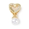 Rack Plating Brass Micro Pave CLear Cubic Zirconia Pendants, with Plastic Imitation Pearl Beads, Cadmium Free & Lead Free, Long-Lasting Plated, Heart, Real 18K Gold Plated, 17x9x5mm, Hole: 4x2mm