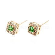 Квадратные серьги-гвоздики из зеленого стекла с фианитами EJEW-G321-08G