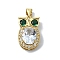 Rack Plating Real 18K Gold Plated Brass Micro Pave Cubic Zirconia Pendants, with Glass, Long-Lasting Plated, Lead Free & Cadmium Free, Owl, Cerise, 20x12x6.5mm, Hole: 4x3.5mm