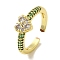 Rack Plating Brass Micro Pave Cubic Zirconia Cuff Rings, Long-Lasting Plated, Lead Free & Cadmium Free, Heart, Sea Green, adjustable