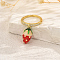 Fruit Pendant Brass Micro Pave Cubic Zirconia Finger Rings for Women, Golden, Strawberry, 16x9mm, Inner Diameter: 16mm~19mm