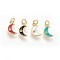 Brass Micro Pave Cubic Zirconia Charms, with Enamel and Jump Ring, Moon, Golden, Mixed Color, 10x6x2mm, Hole: 3mm
