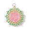 Glass Seed Beaded Flower Pendants, with Glass & 304 Stainless Steel Jump Ring, Real 18K Gold Plated, Pink, 25.5x23.5x8mm, Hole: 2.5mm