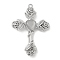Alloy with Glass Pendants, Cross with Rose Charms, Platinum, Silver, 35x25x5mm, Hole: 1.4mm