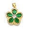 Glass Pendants, with Rack Plating Brass Micro Pave Cubic Zirconia Findings, Flower, Cadmium Free & Lead Free, Long-Lasting Plated, Real 18K Gold Plated, Green, 20.5x18.5x5.5mm, Hole: 5x3.5mm