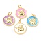 Real 18K Gold Plated Brass Pendants, with Enamel Cadmium Free & Lead Free, Long-Lasting Plated, Flat Round with Cupid, Mixed Color, 15x13x2mm, Hole: 2.5mm