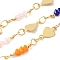Handmade Brass Heart Link Chains, Glass Beaded Chains, Real 18K Gold Plated, Soldered, with Spool, Cadmium Free & Lead Free, Mixed Color, Heart: 10x5.5x0.2mm, Bead Link: 15.5~17x2~2.5x2~2.5mm