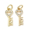 Rack Plating Brass Micro Pave Cubic Zirconia Pendants, Lead Free & Cadmium Free, Long-Lasting Plated, Key Charms, with Jump Ring, Real 18K Gold Plated, 15x6.5x1.5mm