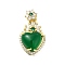 Brass Micro Pave Clear Cubic Zirconia Pendants, with Glass, Heart, Real 18K Gold Plated, Dark Green, 28mm, Hole: 4.5x2.5mm