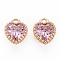 Brass Micro Pave Cubic Zirconia Charms, Nickel Free, Real 18K Gold Plated, Faceted Heart, Pink, 8x6x3.5mm, Hole: 1mm