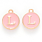 Golden Plated Alloy Enamel Charms, Cadmium Free & Lead Free, Enamelled Sequins, Flat Round with Letter, Pink, Letter.L, 14x12x2mm, Hole: 1.5mm