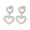 Hollow Heart Brass Pave Clear Cubic Zirconia Dangle Stud Earrings, Platinum, 30.5x17mm