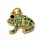 Brass Micro Pave Green Cubic Zirconia Pendants, with Jump Rings, Long-Lasting Plated, Frog, Golden, 15x15x2.5mm, Jump Ring: 5x0.7mm, Inner Diameter: 3.6mm