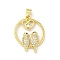 Brass Micro Pave Cubic Zirconia Pendants, Cadmium Free & Lead Free, Round with Bird & Heart, Real 16K Gold Plated, 26.5x20x3mm, Hole: 5x3.5mm