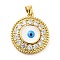 Real 18K Gold Plated Brass Pendants, with Glass and Acrylic, Flat Round with Evil Eye, White, 23x20.5x4.5mm, Hole: 5x3.5mm