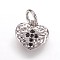 Hammered Brass Micro Pave Cubic Zirconia Pendants, Crosslet Heart Pendants, Heart with Cross Charms, Black, Platinum, 9x10x1.5mm, Hole: 3mm