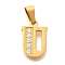 Ion Plating(IP) 304 Stainless Steel Rhinestone Pendants, Letter U, 17~19x10.5~18x2mm, Hole: 6.5x3.5mm
