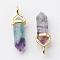 Natural Fluorite Pointed Pendants, with Random Alloy Pendant Hexagon Bead Cap Bails, Golden, Bullet, 37~40x12.5x10mm, Hole: 3x4.5mm