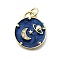 Brass Micro Pave Cubic Zirconia Pendants, Cadmium Free & Lead Free, with Enamel, Flat Round, Real 16K Gold Plated, Prussian Blue, Planet & Moon & Star, 23.5x20x2.5mm