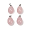 Natural Rose Quartz Pendants, Teardrop Charms, with Stainless Steel Snap on Bails, Stainless Steel Color, 23x13mm, Hole: 3x5.5mm